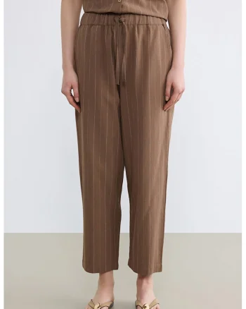 Pantaloni conici din amestec de in si bumbac, Maro Siena