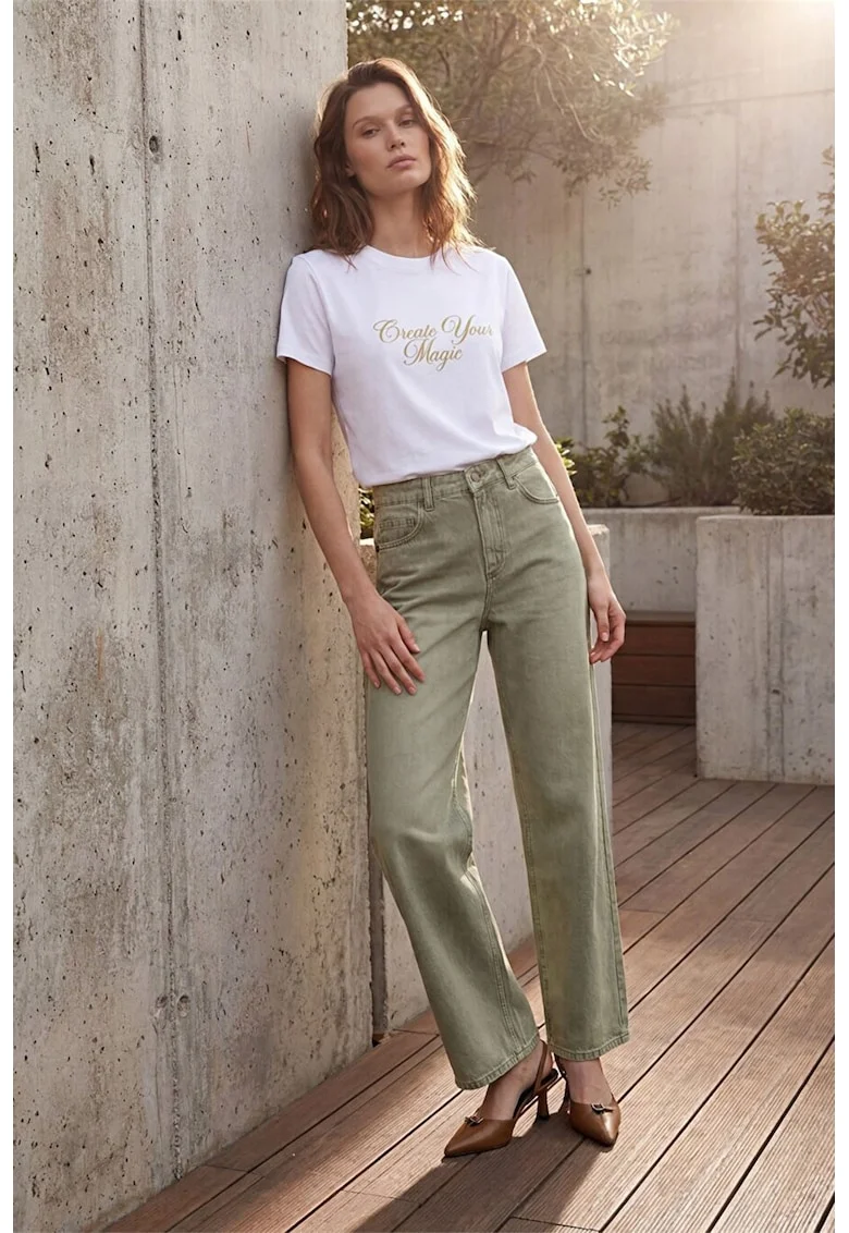Tricou din bumbac cu imprimeu text, Alb
