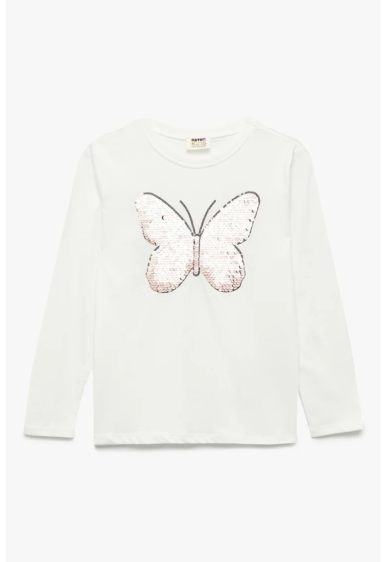Bluza din bumbac cu fluturi decorati cu paiete, Ecru