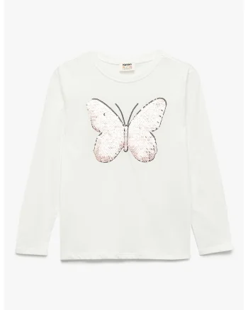 Bluza din bumbac cu fluturi decorati cu paiete, Ecru