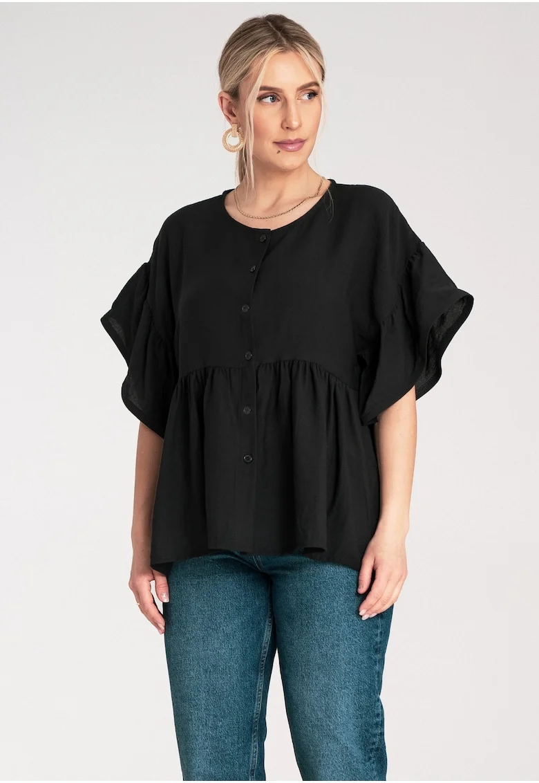Bluza lejera cu volane si inchidere cu nasturi  bumbac, Negru