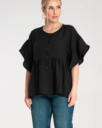 Bluza lejera cu volane si inchidere cu nasturi  bumbac, Negru