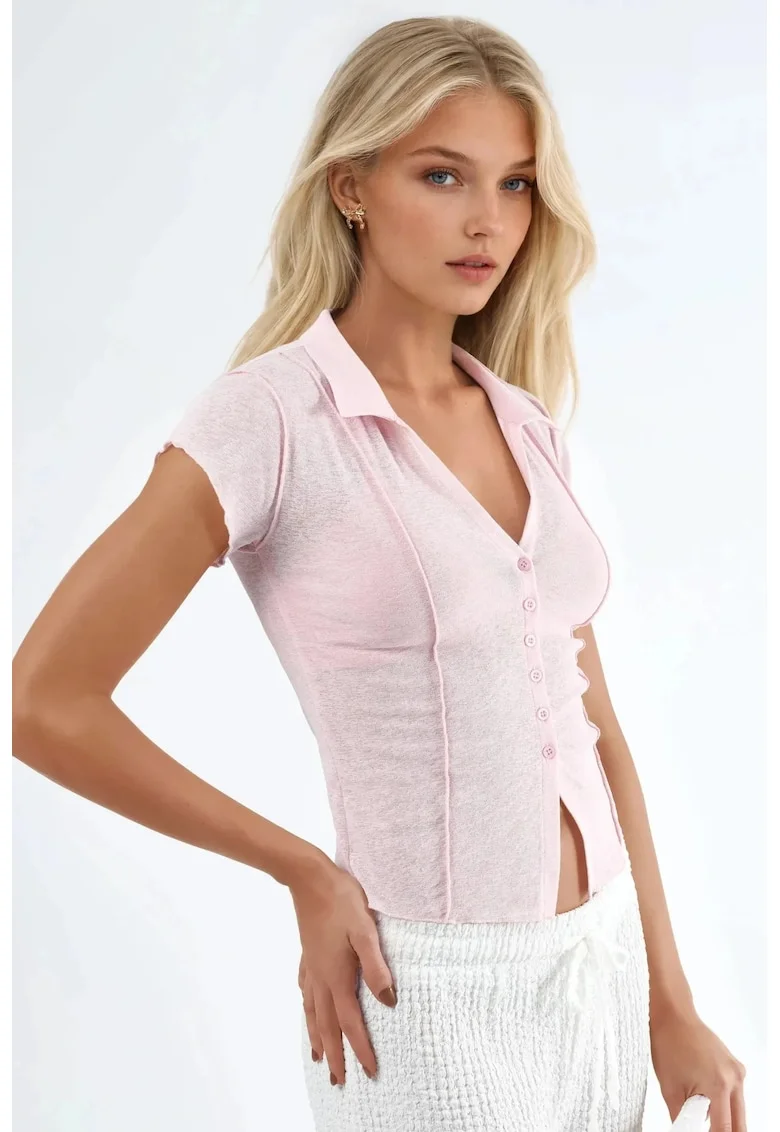 Tricou cu guler ascutit, Roz pudrat