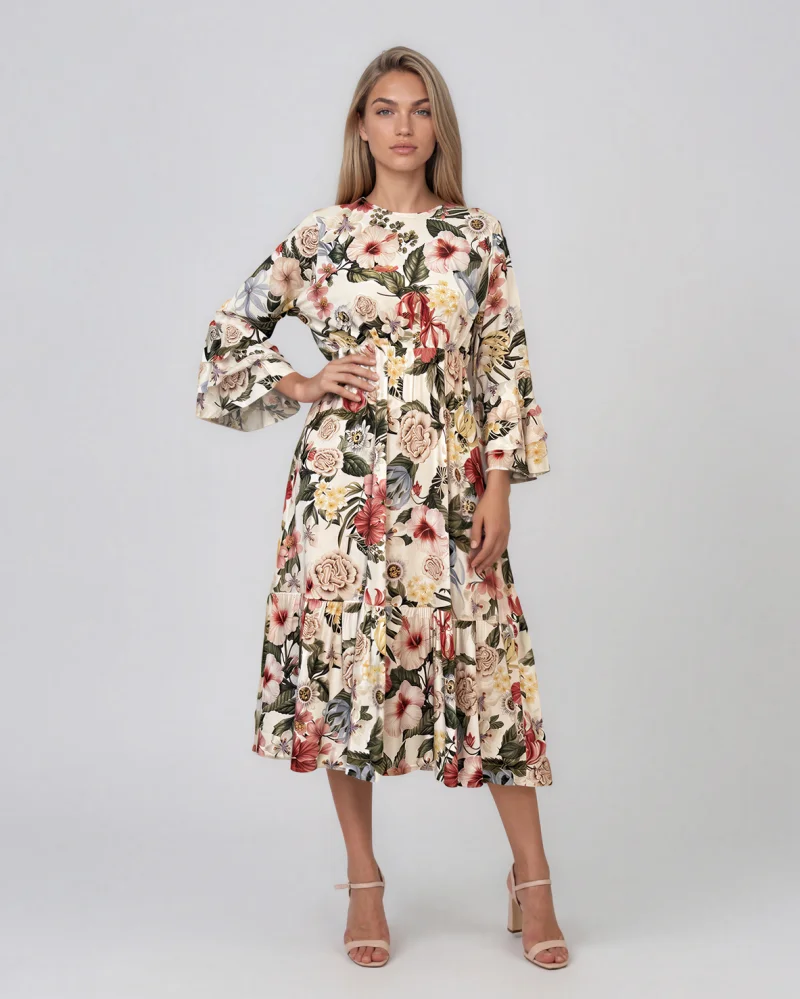 Rochie midi din vâscoză cu imprimeu floral și mâneci cu volan alb - Unica S-L
