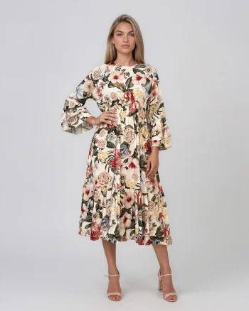 Rochie midi din vâscoză cu imprimeu floral și mâneci cu volan alb - Unica S-L