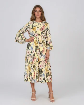 Rochie midi din vâscoză cu imprimeu floral și mâneci cu volan galben - Unica S-L