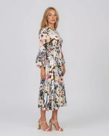 Rochie midi din vâscoză cu imprimeu floral și mâneci cu volan bleu - Unica S-L