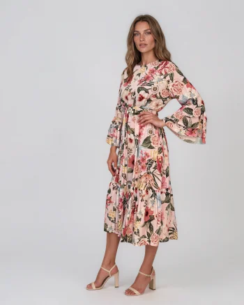 Rochie midi din vâscoză cu imprimeu floral și mâneci cu volan roz - Unica S-L