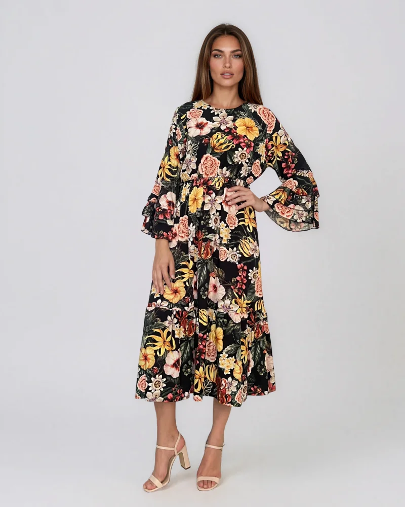 Rochie midi din vâscoză cu imprimeu floral și mâneci cu volan negru - Unica S-L