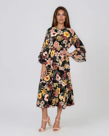 Rochie midi din vâscoză cu imprimeu floral și mâneci cu volan negru - Unica S-L