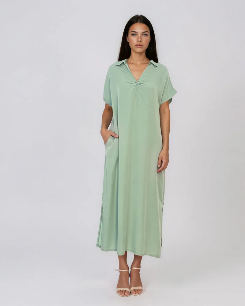 Rochie maxi tip cămașă din lyocell cu buzunare aqua - Unica S-L