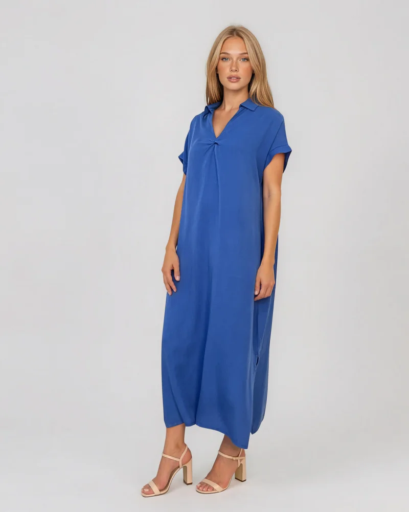 Rochie maxi tip cămașă din lyocell cu buzunare albastru - Unica S-L