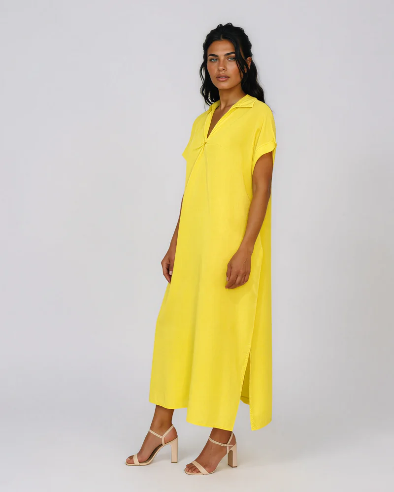 Rochie maxi tip cămașă din lyocell cu buzunare galben - Unica S-L