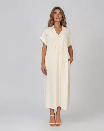 Rochie maxi tip cămașă din lyocell cu buzunare crem - Unica S-L