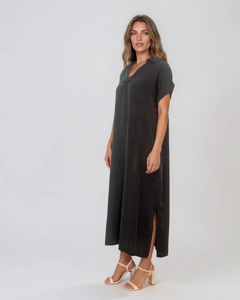 Rochie maxi tip cămașă din lyocell cu buzunare negru - Unica S-L