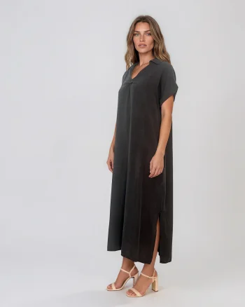 Rochie maxi tip cămașă din lyocell cu buzunare negru - Unica S-L