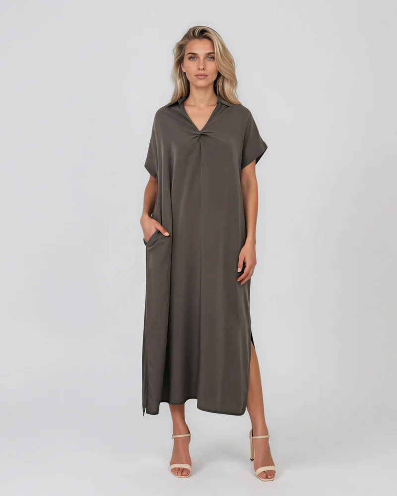 Rochie maxi tip cămașă din lyocell cu buzunare gri închis - Unica S-L
