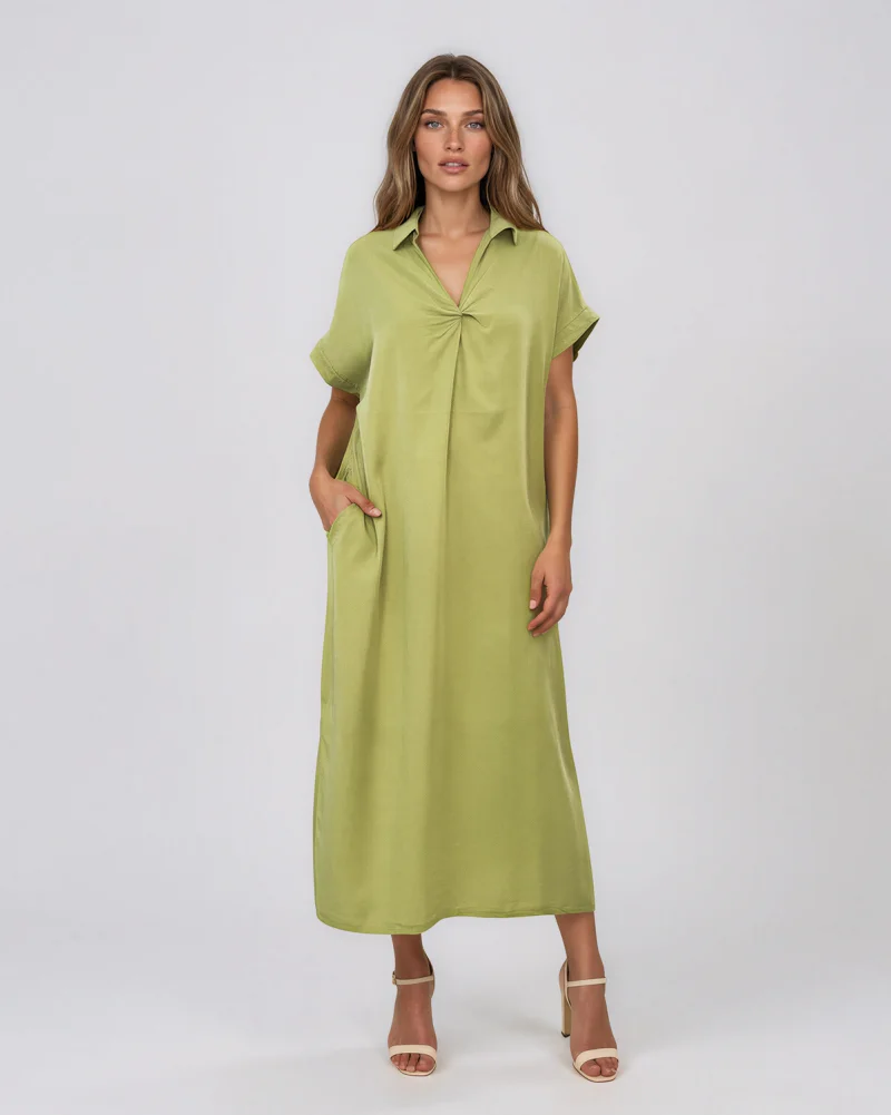 Rochie maxi tip cămașă din lyocell cu buzunare verde - Unica S-L