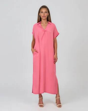 Rochie maxi tip cămașă din lyocell cu buzunare roz - Unica S-L