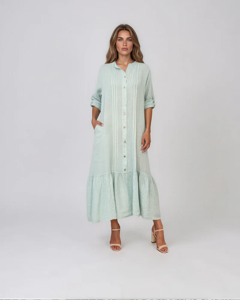 Rochie maxi tip cămașă din in cu volan la tiv aqua - Unica S-L