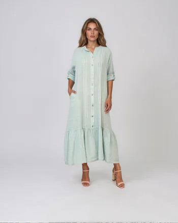 Rochie maxi tip cămașă din in cu volan la tiv aqua - Unica S-L