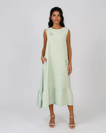 Rochie maxi din in fără mâneci, cu buzunare aqua - Unica S-L