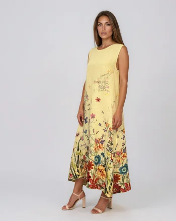 Rochie maxi din in cu imprimeu floral la poale galben - Unica S-L