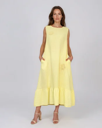 Rochie maxi din in fără mâneci, cu buzunare galben - Unica S-L