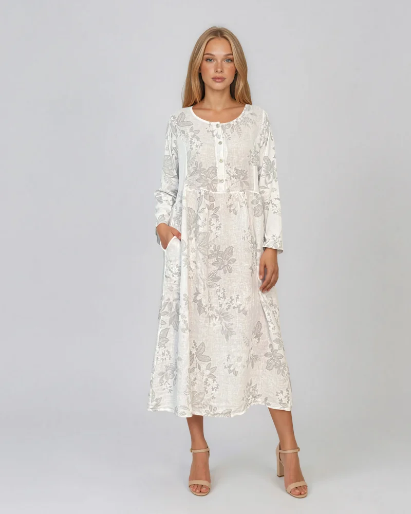 Rochie maxi din in cu mânecă lungă și imprimeu floral alb - Unica S-L