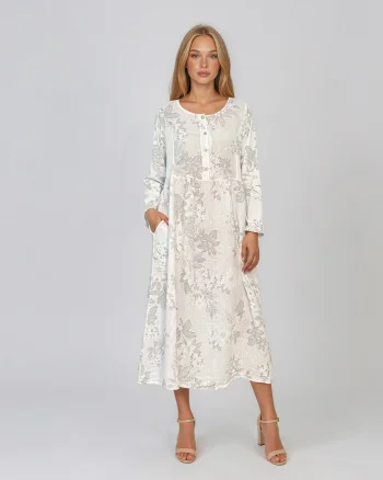 Rochie maxi din in cu mânecă lungă și imprimeu floral alb - Unica S-L