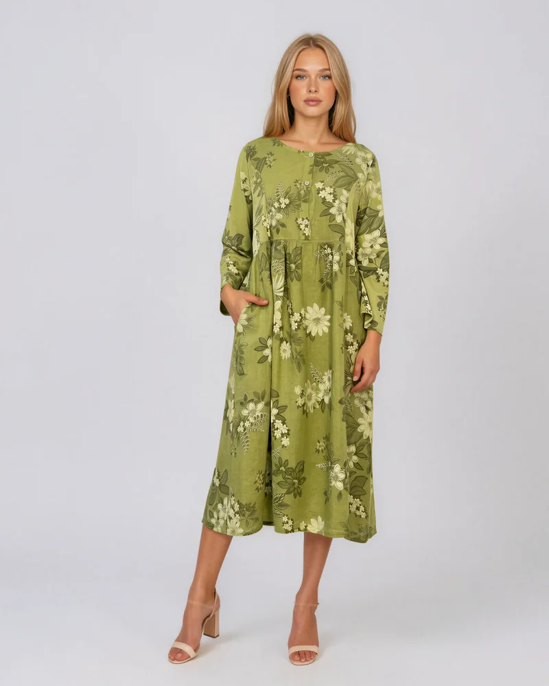 Rochie maxi din in cu mânecă lungă și imprimeu floral vernil - Unica S-L