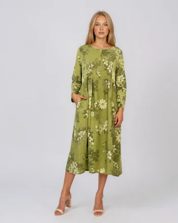 Rochie maxi din in cu mânecă lungă și imprimeu floral vernil - Unica S-L