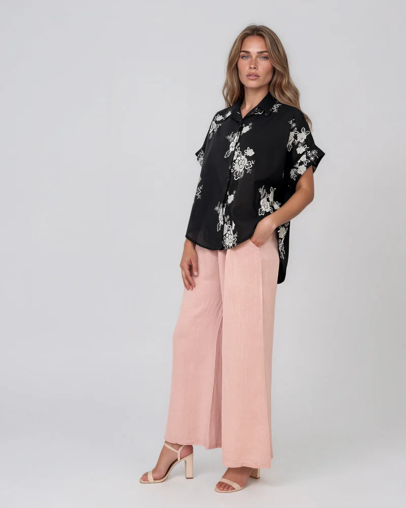 Cămașă lejeră din bumbac cu imprimeu floral negru - Unica S-L