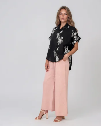 Cămașă lejeră din bumbac cu imprimeu floral negru - Unica S-L