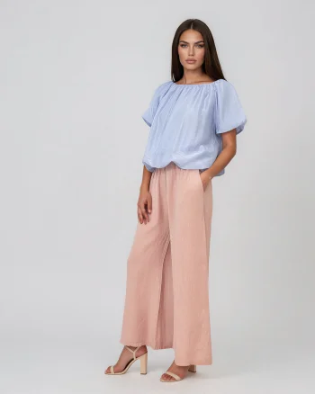 Bluză din voal de tencel cu decolteu elastic și mâneci balon bleu - Unica S-L