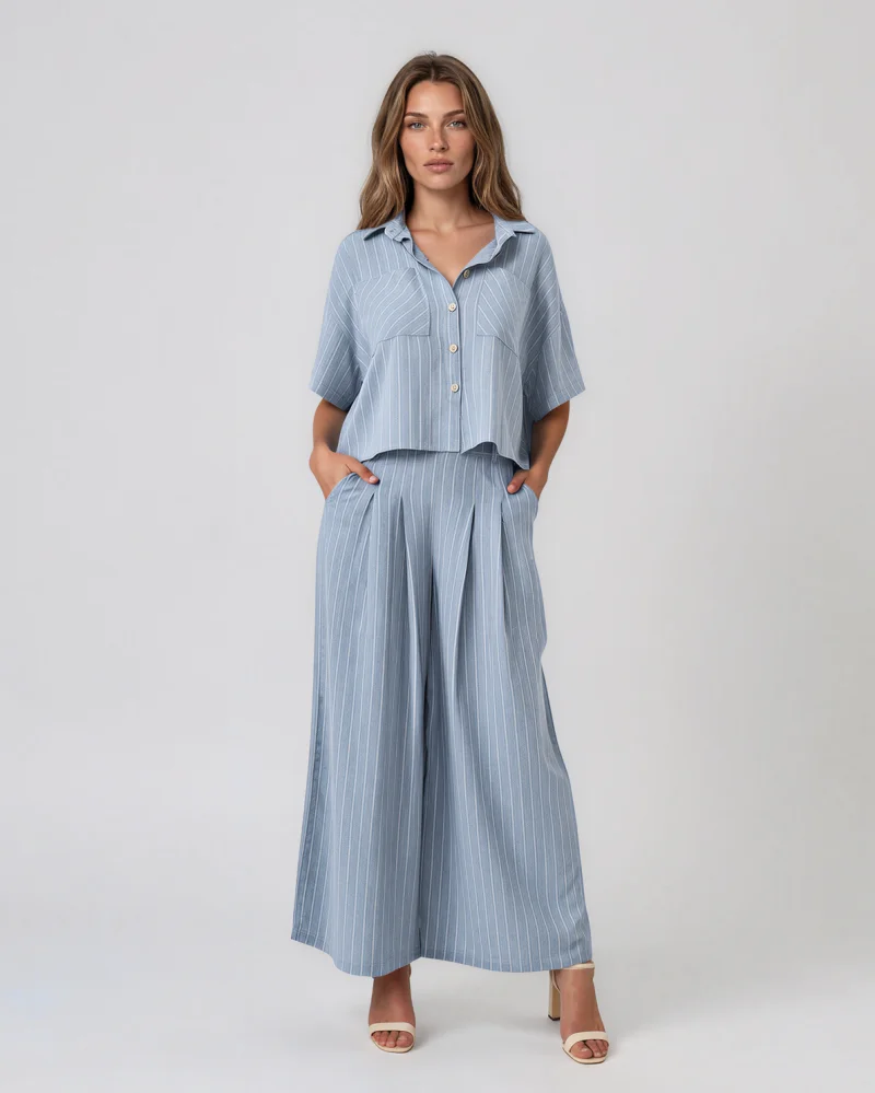 Cămașă din vâscoză și in cu dungi fine și guler clasic bleu - Unica S-L