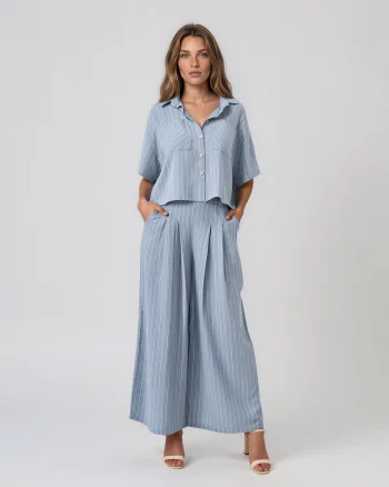 Cămașă din vâscoză și in cu dungi fine și guler clasic bleu - Unica S-L