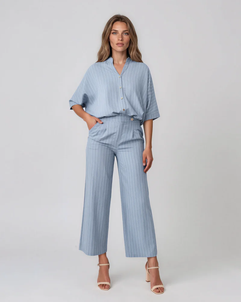 Cămașă lejeră din vâscoză și in cu dungi fine bleu - Unica (XL-3XL)