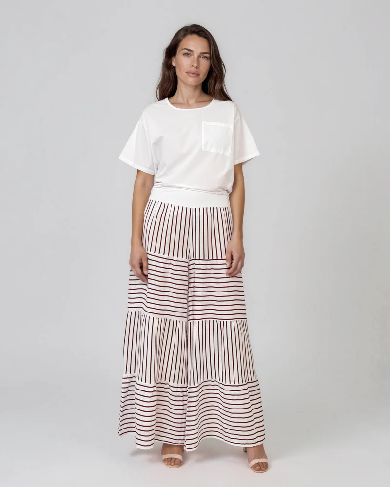 Fustă-pantalon din in cu dungi și croială etajată grena - Unica S-L