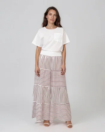 Fustă-pantalon din in cu dungi și croială etajată grena - Unica S-L