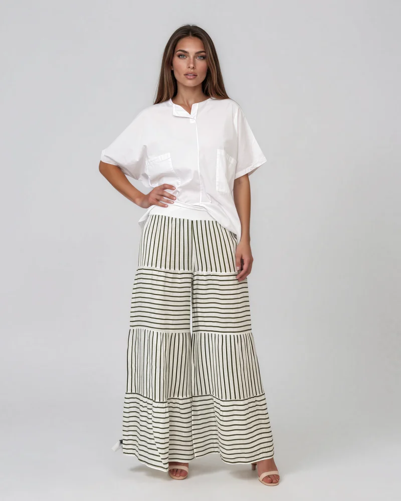 Fustă-pantalon din in cu dungi și croială etajată verde - Unica S-L