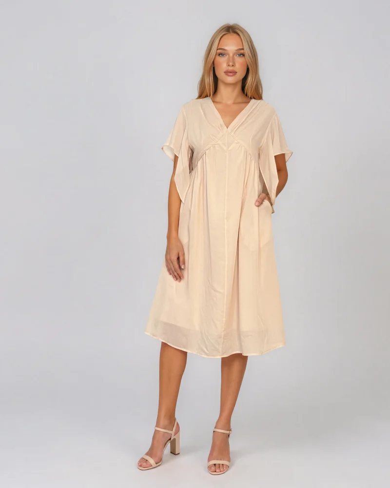 Rochie midi din tencel cu mâneci fluture și talie înaltă crem - Unica S-L