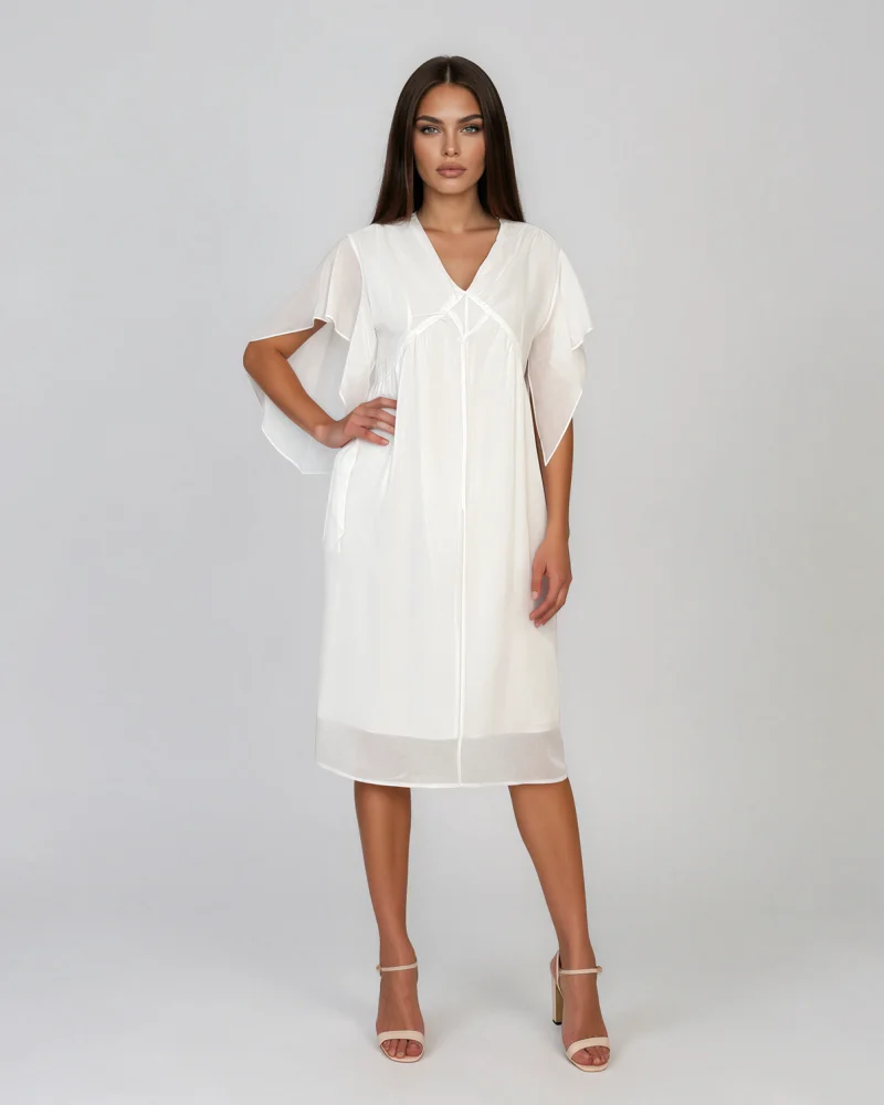Rochie midi din tencel cu mâneci fluture și talie înaltă alb - Unica S-L