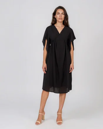 Rochie midi din tencel cu mâneci fluture și talie înaltă negru - Unica S-L