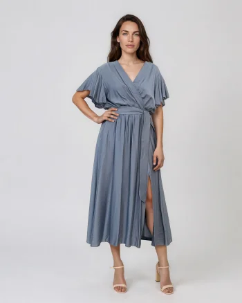 Rochie midi petrecută din vâscoză cu mâneci fluture și cordon albastru jeans - Unica S-L