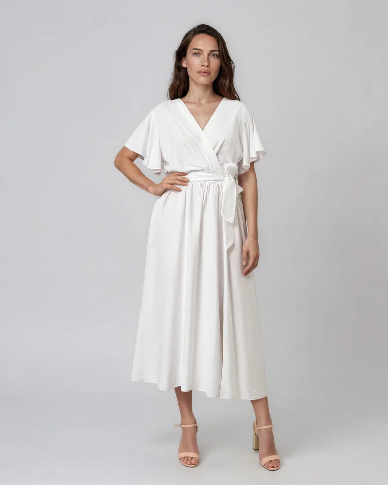 Rochie midi petrecută din vâscoză cu mâneci fluture și cordon alb - Unica S-L