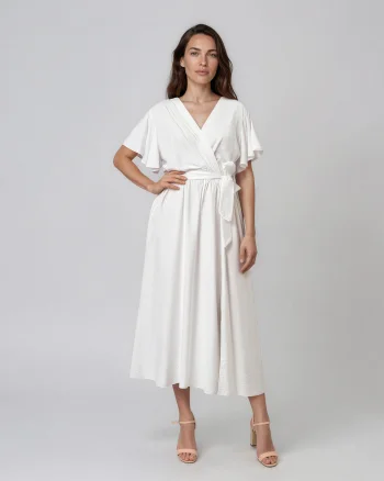 Rochie midi petrecută din vâscoză cu mâneci fluture și cordon alb - Unica S-L
