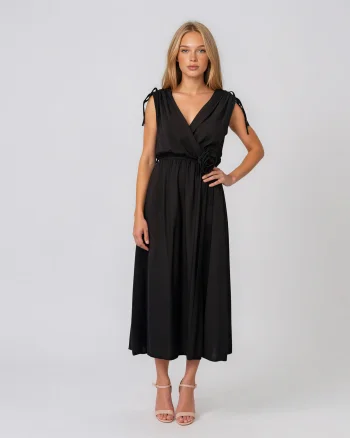 Rochie midi din vâscoză cu decolteu petrecut și umeri încrețiți negru - Unica S-L