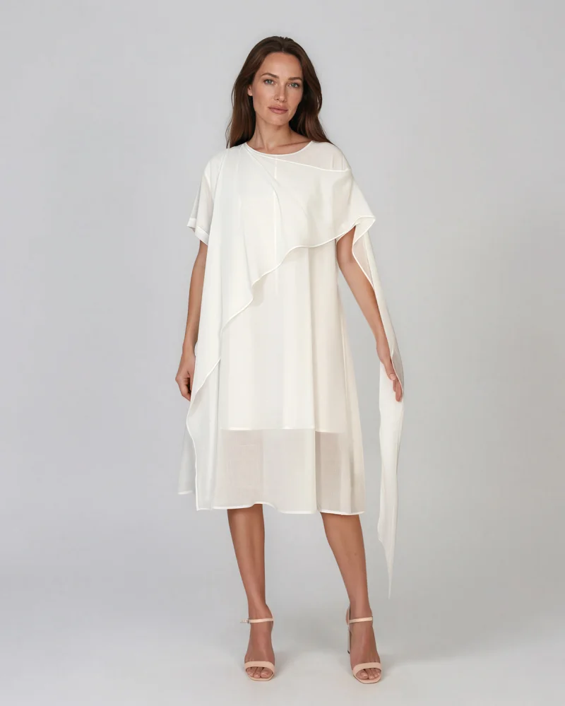 Rochie midi din tencel cu drapaj asimetric alb - Unica S-L