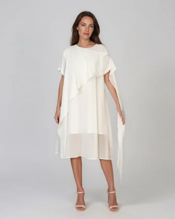 Rochie midi din tencel cu drapaj asimetric alb - Unica S-L